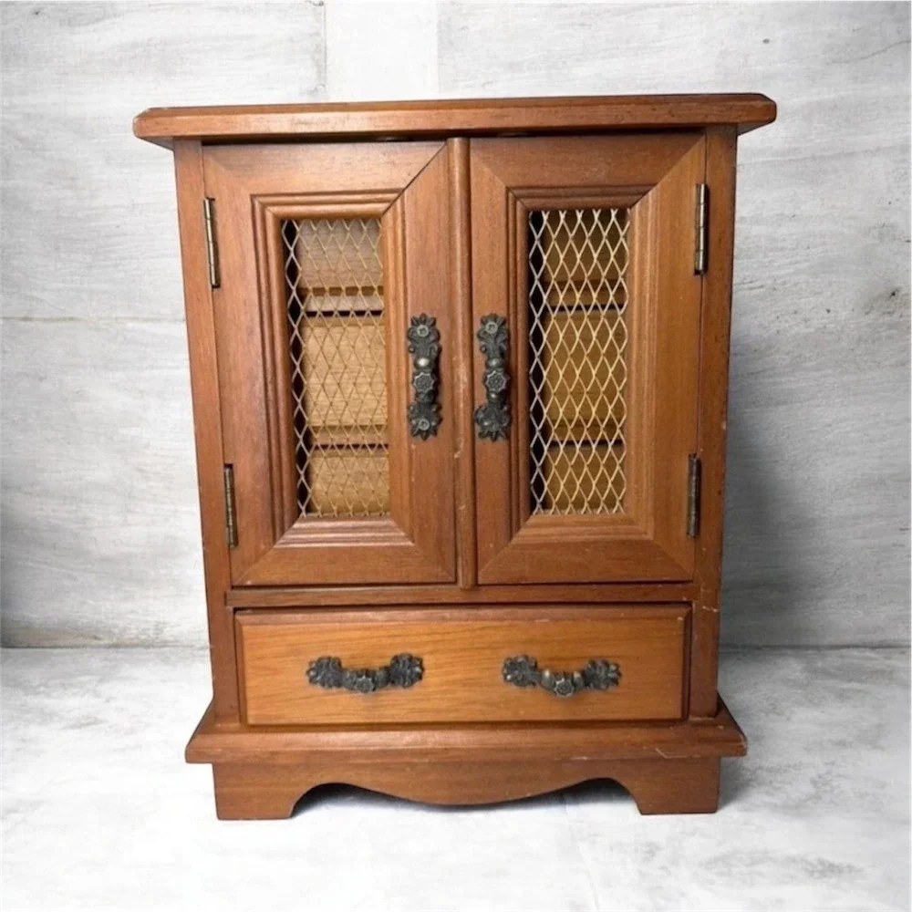 Vintage Music Jewelry Armoire Brown Wood Mesh Doors MCM Cottagecore Grandmacore